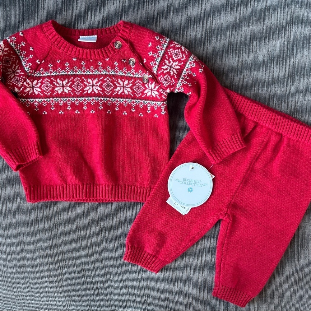 NWt Edgehill Collection newborn Boy Round Neck Long Sleeve Fairisle sweater set